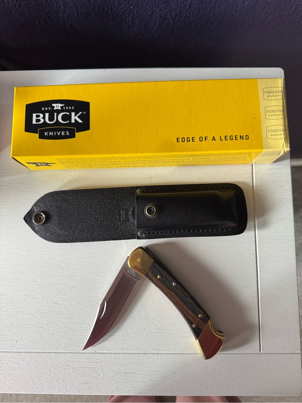 Buck Folding Knife 110 with Brown Wood Handle and Black Case - NOS